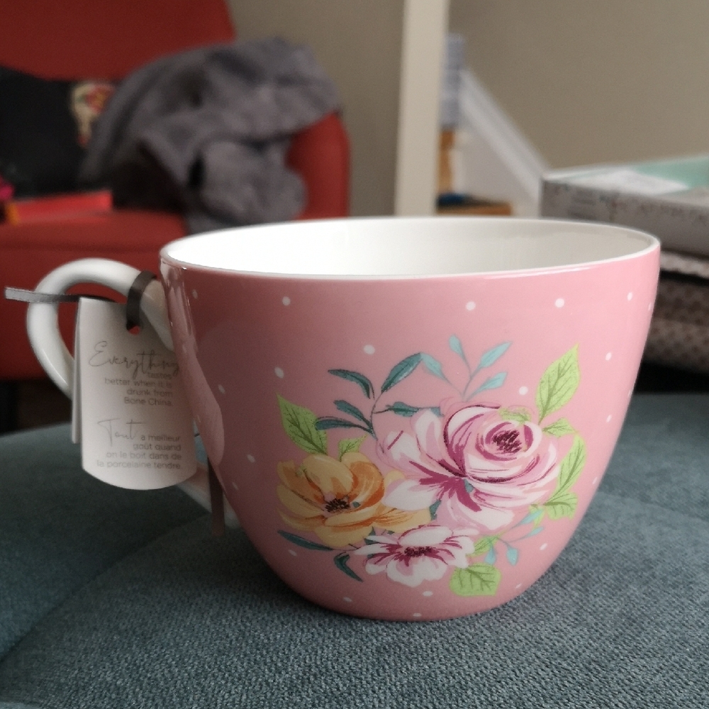 The English Mug Co. Floral Pink & Polka Dots Fine Bone China Mug NWT
